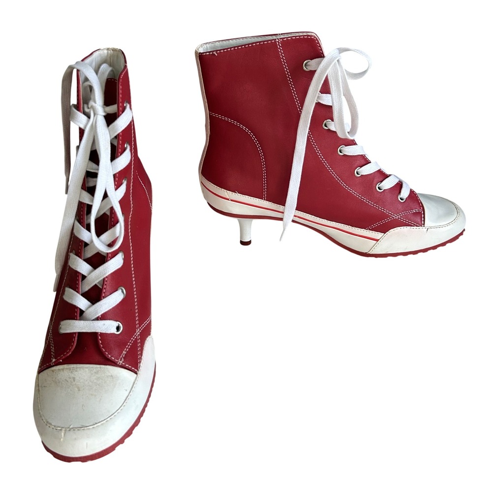 Y2K Steve Madden Kitten Heel High tops size 8.5 Red Leather Boots Streetwear - Picture 2 of 13
